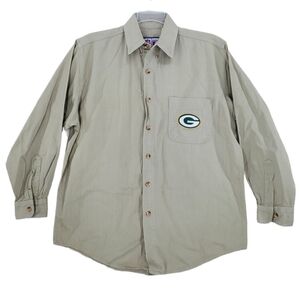 Vtg Logo 7 Packers Shirt Men M LS Button Down Khaki Beige Game Day Green Bay Y2K